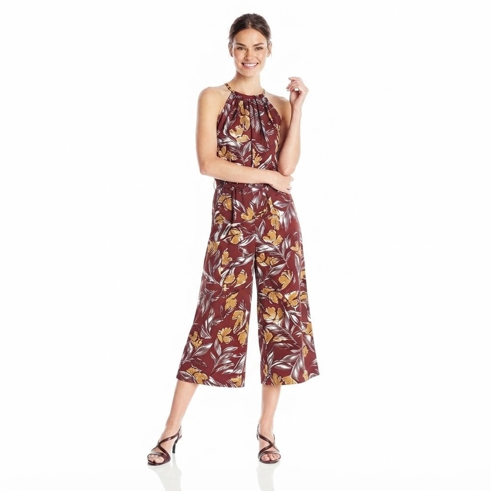 Maggy London Red Floral Halter Neck Wide Leg Jumpsuit Size 6 Tie Waist